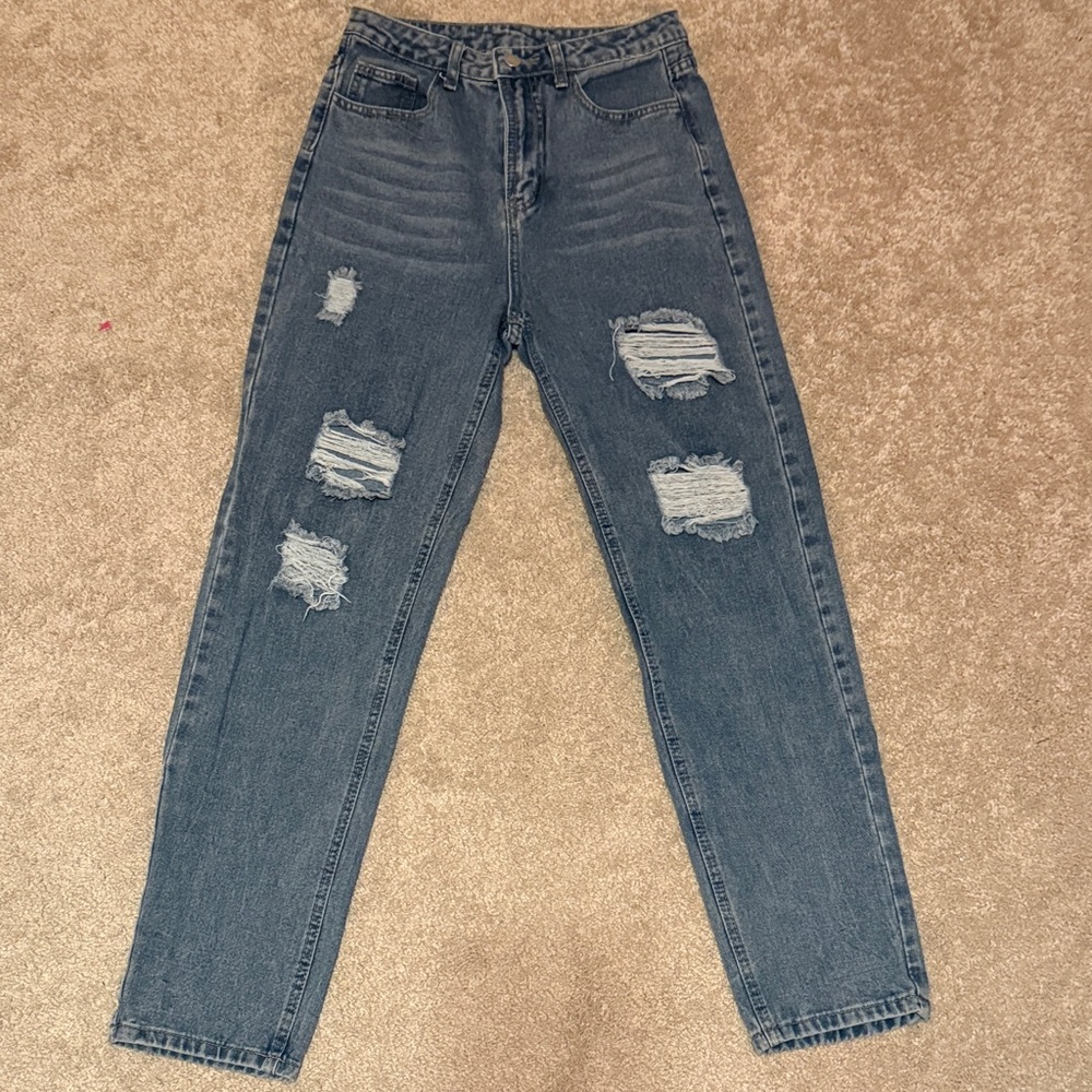 SHEIN Dark Blue Distressed Straight Leg Jeans